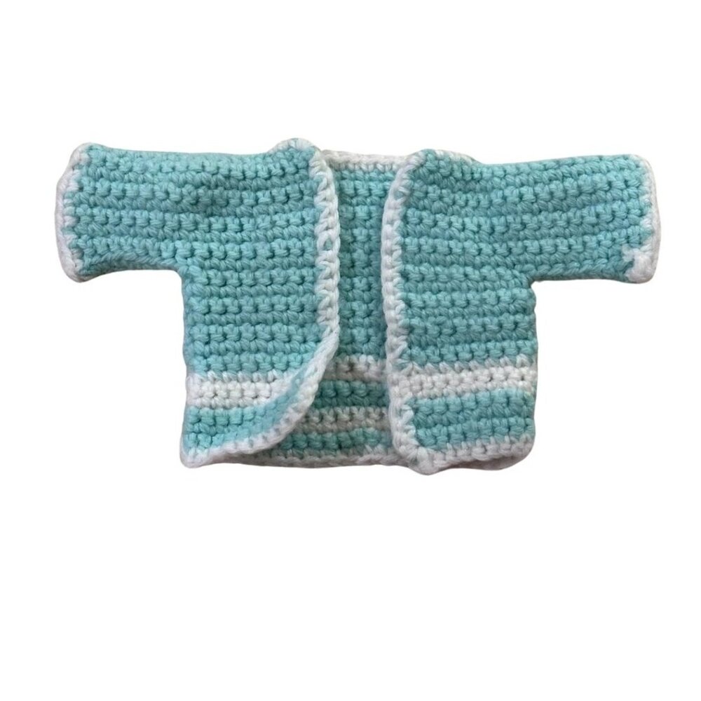 Crocheted Baby Doll Cardigan Blue White Stripes Knit Sweater